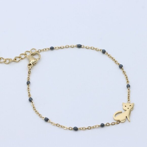 Cute Cat Design Yellow Gold Bracelet with Blue Bead Detailing, XPBL0614 - Picture 2 of 12